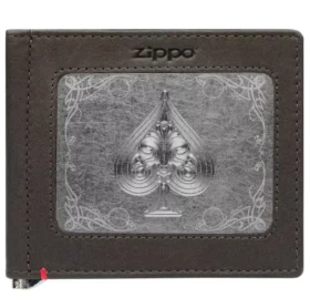 Portafoglio in pelle color moka – Design con placca metallica a forma di picche Portafoglio in pelle color moka – Design con placca metallica a forma di picche