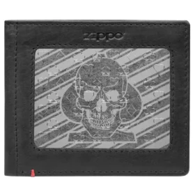Portafoglio in pelle nera – Design con placca metallica a forma di teschio con picche