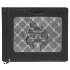 Portafoglio in pelle nera – Design con placca metallica “zippo flame” Portafoglio in pelle nera – Design con placca metallica “zippo flame”